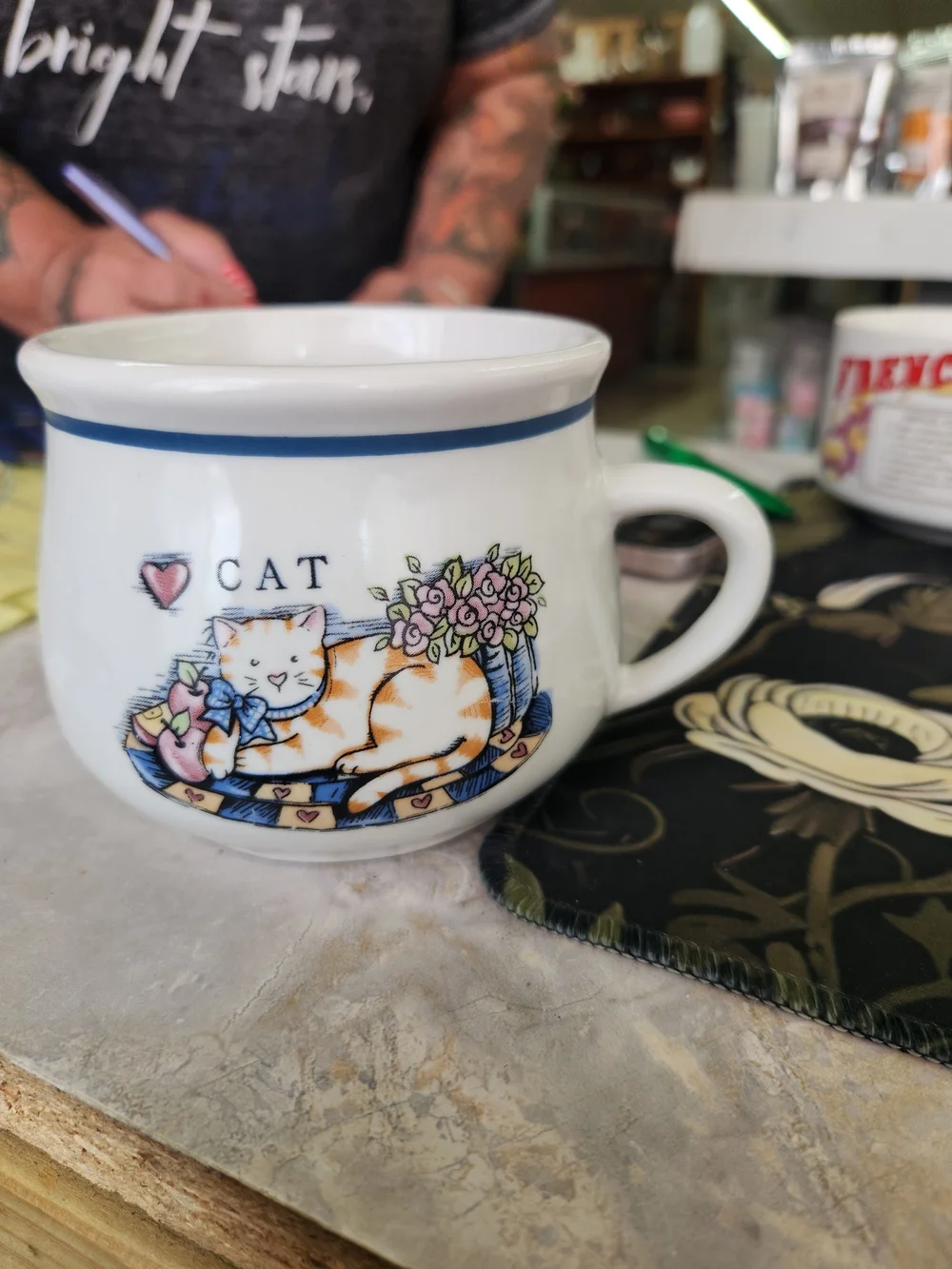 Cat Ceramic Mug with Floral Design - White and Blue